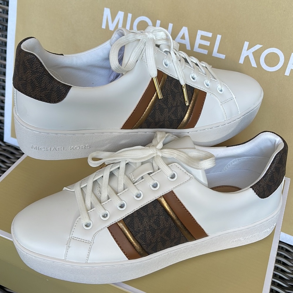 MICHAEL KORS POPPY STRIPE LACE UP NAPPA FAUX LEATHER WMNS OPTIC WHITE/BROWN - Picture 11 of 16